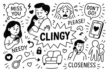 Clingy doodle with needy relationships, attention seeking, love me and don’t leave symbols, Transparent Background