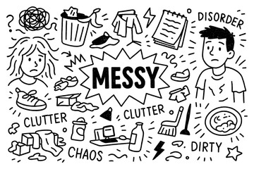 Messy doodle with cluttered room, laundry, trash, dirty objects and disorganized lifestyle symbols, Transparent Background
