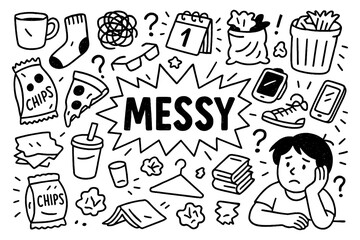 Messy doodle with cluttered room, laundry, trash, dirty objects and disorganized lifestyle symbols, Transparent Background