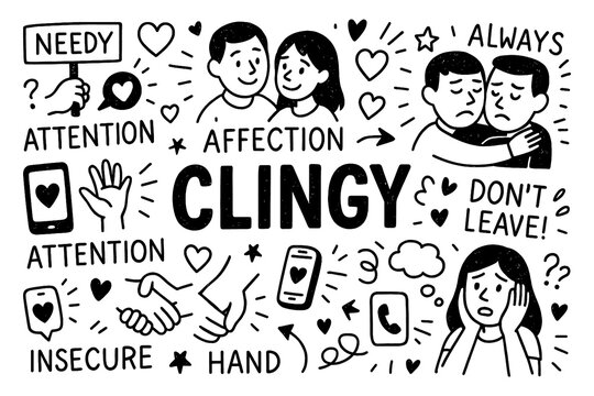 Clingy doodle with needy relationships, attention seeking, love me and don’t leave symbols, Transparent Background