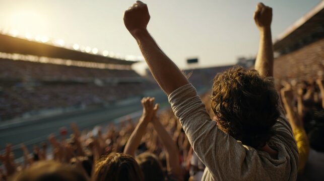 Excited crowd of spectators cheering at a lively racetrack during an afternoon event