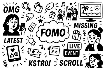 FOMO doodle with anxious faces, phones, social media, parties, missing out and modern lifestyle symbols, Transparent Background