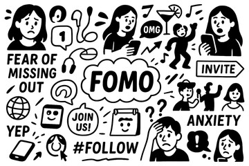 FOMO doodle with anxious faces, phones, social media, parties, missing out and modern lifestyle symbols, Transparent Background