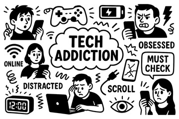 Tech addiction doodle composition with people on phones, scrolling, online obsession and distraction symbols, Transparent Background