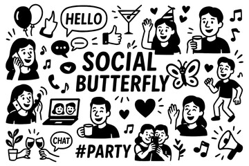 Social butterfly doodle with extrovert lifestyle, friends, parties, conversations and joyful activities, Transparent Background