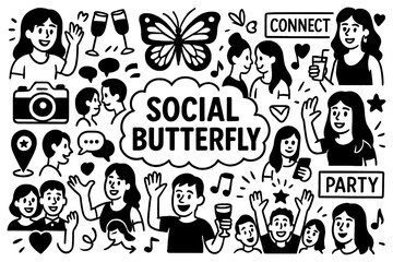 Obraz premium Social butterfly doodle with extrovert lifestyle, friends, parties, conversations and joyful activities, Transparent Background