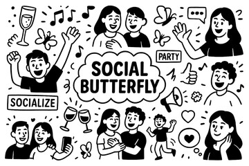 Social butterfly doodle with extrovert lifestyle, friends, parties, conversations and joyful activities, Transparent Background