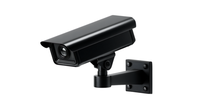 Black security camera mounted on a wall isolated on transparent background