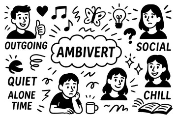 Ambivert doodle with mixed personality traits, social and introvert balance, emotions and lifestyle symbols, Transparent Background