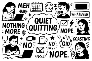 Quiet quitting doodle with office workers, minimal effort, work life balance and burnout symbols, Transparent Background