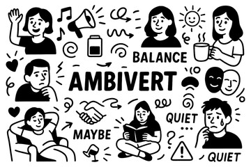 Ambivert doodle with mixed personality traits, social and introvert balance, emotions and lifestyle symbols, Transparent Background