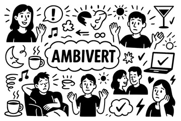 Ambivert doodle with mixed personality traits, social and introvert balance, emotions and lifestyle symbols, Transparent Background