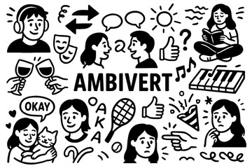 Ambivert doodle with mixed personality traits, social and introvert balance, emotions and lifestyle symbols, Transparent Background