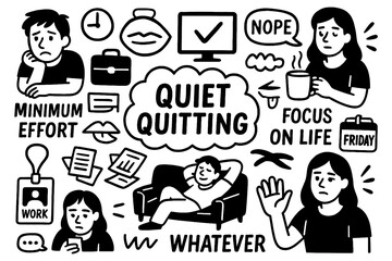 Quiet quitting doodle with office workers, minimal effort, work life balance and burnout symbols, Transparent Background