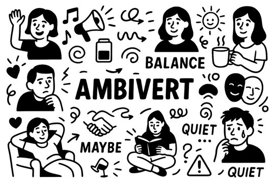 Ambivert doodle with mixed personality traits, social and introvert balance, emotions and lifestyle symbols, Transparent Background