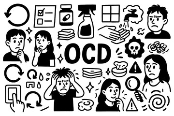 OCD doodle with cleaning, organization, repetitive thoughts, rituals and anxiety symbols, Transparent Background