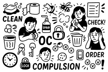 OCD doodle with cleaning, organization, repetitive thoughts, rituals and anxiety symbols, Transparent Background