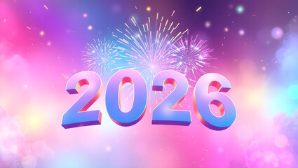 Cartoon 2026 with rainbow fireworks in the sky