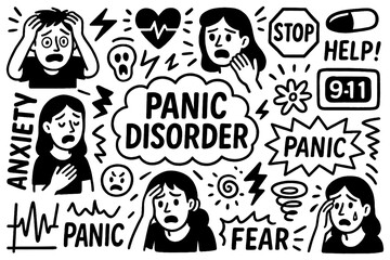 Panic disorder doodle with anxious faces, fear, stress, warning signs and mental health crisis symbols, Transparent Background