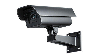 Black security camera mounted on a bracket isolated on transparent background