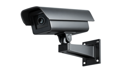 Black security camera mounted on a bracket isolated on transparent background