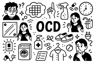 OCD doodle with cleaning, organization, repetitive thoughts, rituals and anxiety symbols, Transparent Background