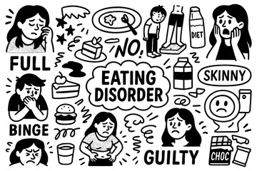 Eating disorder doodle with binge eating, guilt, dieting, body weight and unhealthy food symbols, Transparent Background