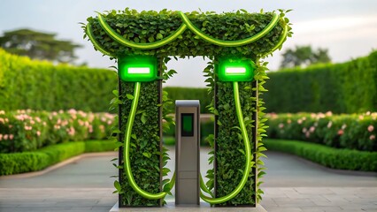 Green electric car charging station covered with plants symbolizing eco energy
