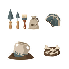 Set of archaeological tools and ancient artifacts for excavation.