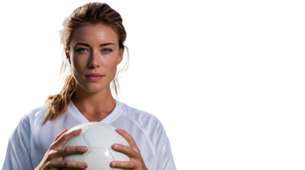 Soccer Player's Gaze: A determined soccer player stands firm, holding a soccer ball, her eyes focused, symbolizing athletic prowess and determination.