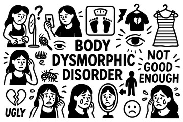 Body dysmorphic disorder doodle with insecurity, mirror reflection, weight scale, body image and mental health symbols, Transparent Background
