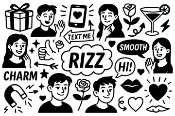 Smooth rizzler doodle with charming characters, confident expressions, hearts, lips and charisma symbols, Transparent Background