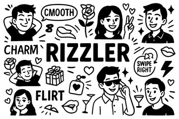 Smooth rizzler doodle with charming characters, confident expressions, hearts, lips and charisma symbols, Transparent Background