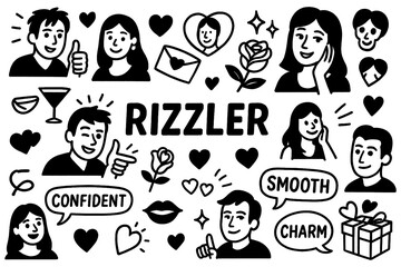 Smooth rizzler doodle with charming characters, confident expressions, hearts, lips and charisma symbols, Transparent Background