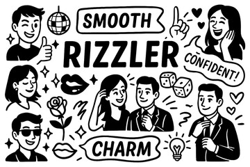 Smooth rizzler doodle with charming characters, confident expressions, hearts, lips and charisma symbols, Transparent Background