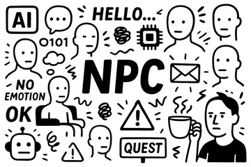 NPC meme doodle with blank faces, speech bubbles, error symbols and internet culture icons, Transparent Background