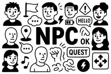 NPC meme doodle with blank faces, speech bubbles, error symbols and internet culture icons, Transparent Background
