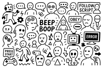 Beep boop doodle composition with robots, error screens, control symbols and abstract faces, Transparent Background