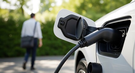 Electric car charging a man walks away from his vehicle at a charging station