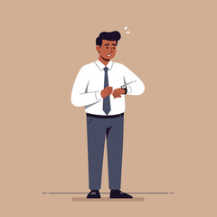 Worried man checks watch, appearing anxious about time