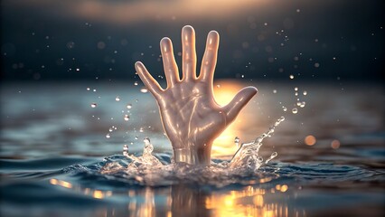 Human hand rising from water at sunset symbolizing help and survival concept
