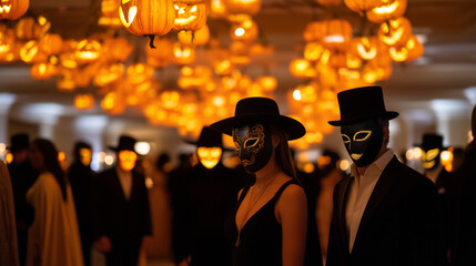 Elegant faceless figures at a haunted masquerade ball with glowing jack-o-lantern chandeliers and eerie atmosphere. faceless masquerade Halloween, creepy faceless ballroom, faceles