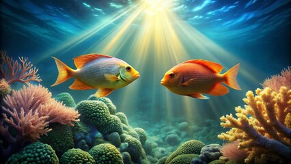 Obraz premium Oceanic Idyll Two Vibrant Fish Gracefully Swim Amidst a Lush Coral Reef Bathed in Sunlit Rays
