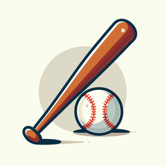 Baseball bat and ball with a simple and minimalist flat design using a white background.