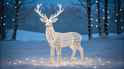 Glowing reindeer christmas decoration with lights standing in snowy forest
