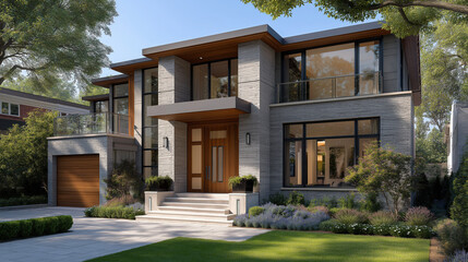 Fototapeta premium Modern architectural design showcases contemporary home with large windows, stylish entrance, and lush landscaping, creating inviting atmosphere