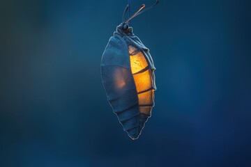 Obraz premium A striking close-up of a butterfly chrysalis, partially illuminated from within, suspended against a dark blue background, hinting at metamorphosis.