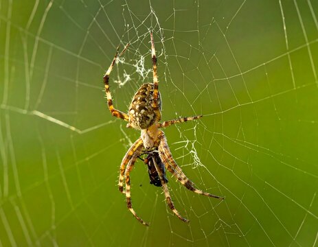 Orb-weaver spider on its web with prey
