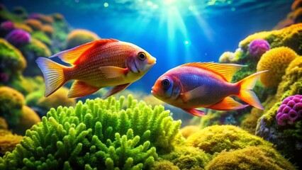 Fototapeta premium Vibrant coral reef scene featuring two vividly colored fish swimming near lush green and yellow coral formations under a bright sunlit ocean surface.