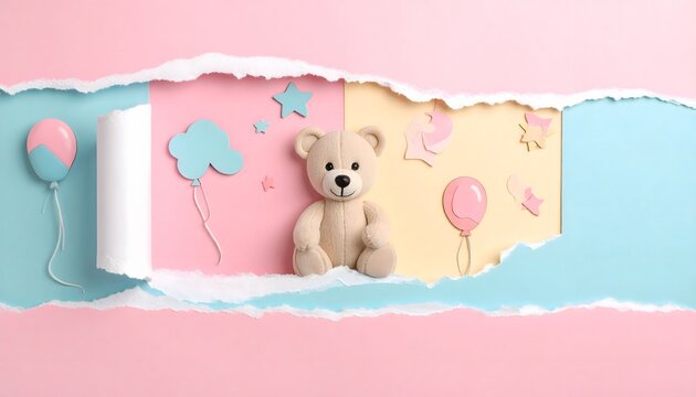 Adorable teddy bear celebrates a whimsical baby shower on a pastel background, perfect for invitations, announcements, or heartfelt greeting cards!